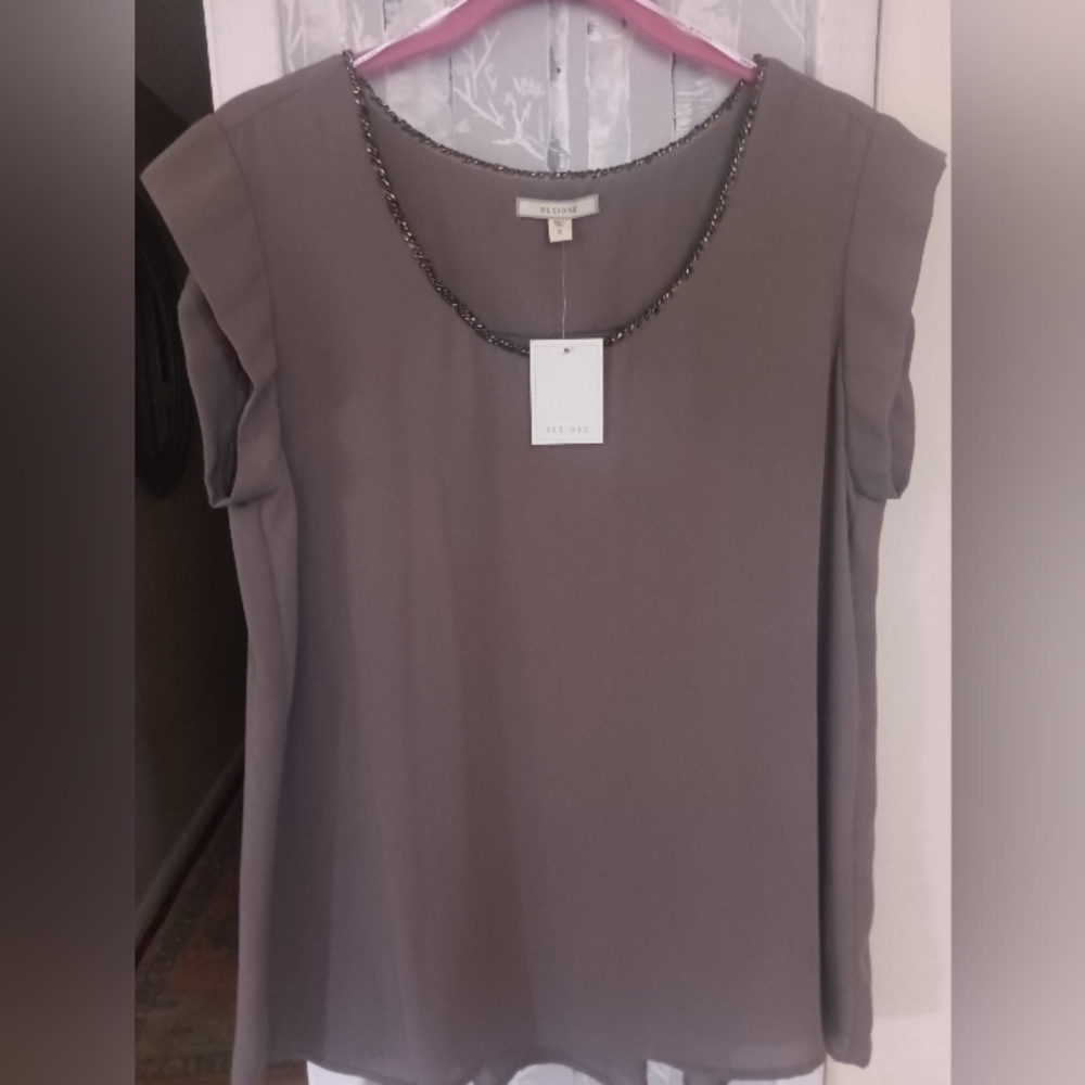Nordstrom Pleione Tan Sequin Trim Flowy Flutter Sleeve Top Blouse Size S NWT
